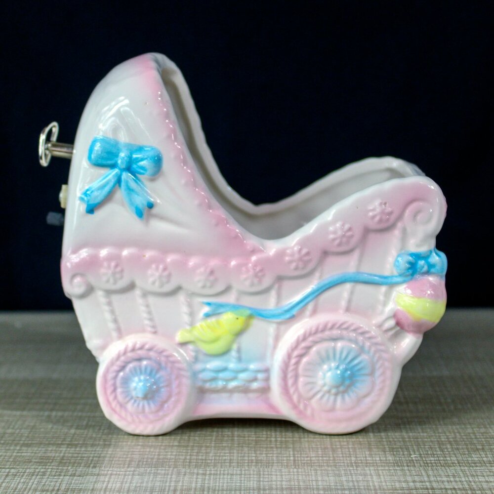 Vintage Rubens Original Ceramic Pink Baby Carriage Working Music Box Japan 60s